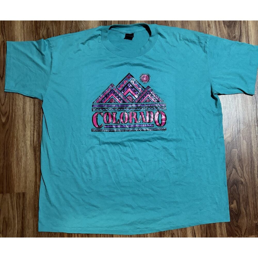 Vintage Platinum Plus Colorado Graphic Teal Men's T-Shirt Crew Neck Short Sleeve